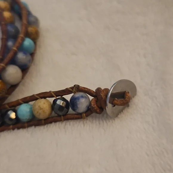 Bohemian Multi-Color Gemstone Beaded Leather Adjustable Wrap Bracelet - Picture 4 of 7